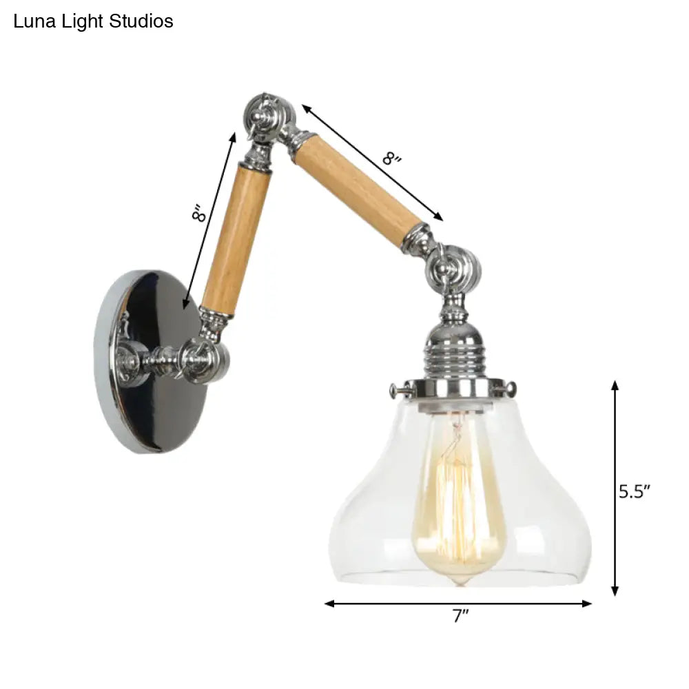 Industrial Gourd Glass Wall Sconce With Wooden Arm And Chrome Finish - 1 Light Fixture For Living