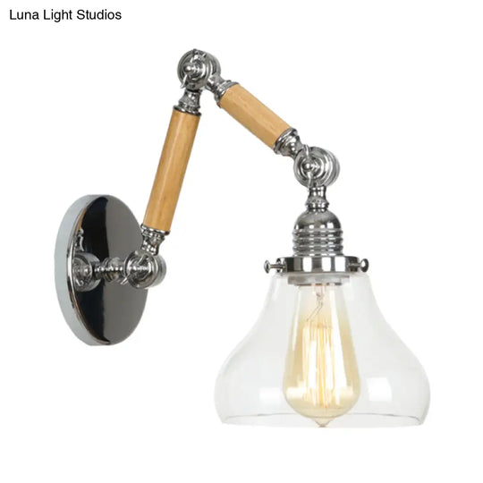 Industrial Gourd Glass Wall Sconce With Wooden Arm And Chrome Finish - 1 Light Fixture For Living