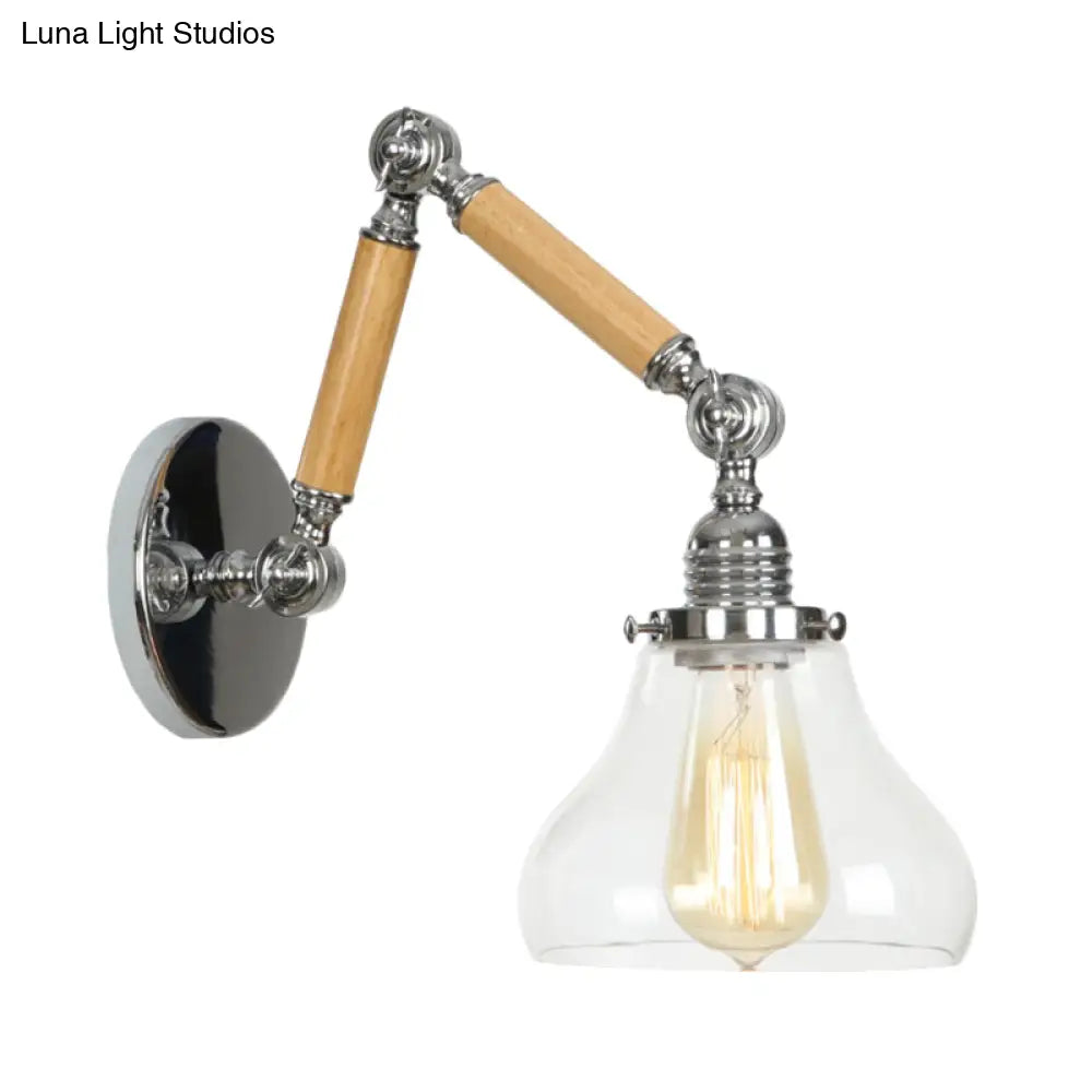 Industrial Gourd Glass Wall Sconce With Wooden Arm And Chrome Finish - 1 Light Fixture For Living