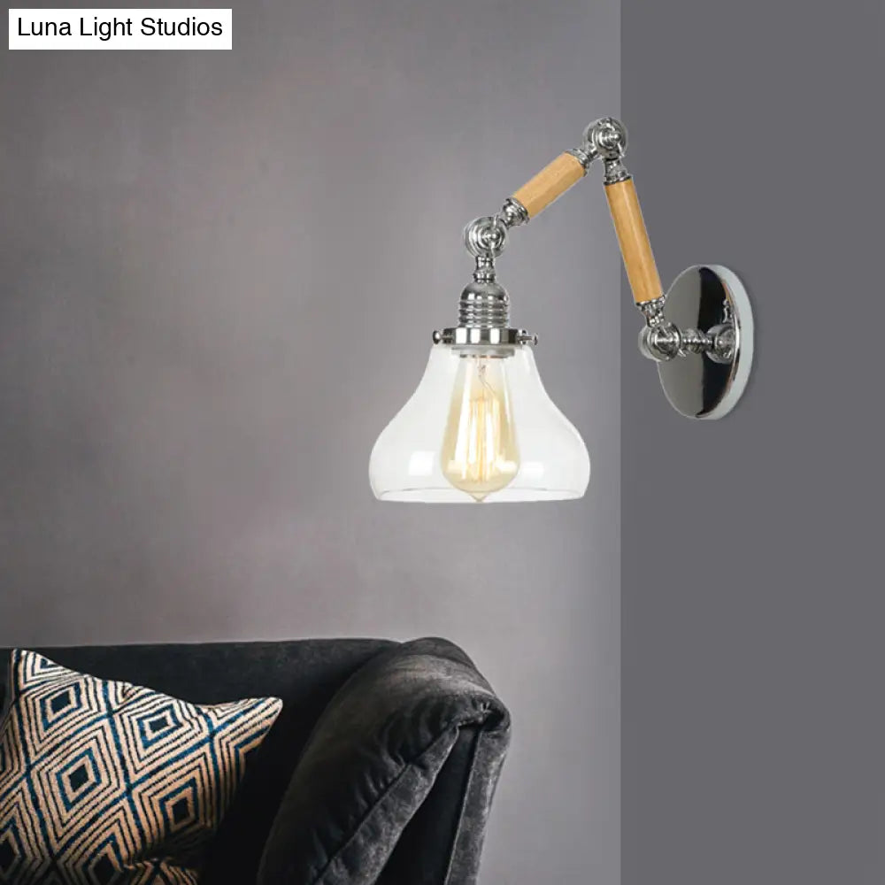 Industrial Gourd Glass Wall Sconce With Wooden Arm And Chrome Finish - 1 Light Fixture For Living