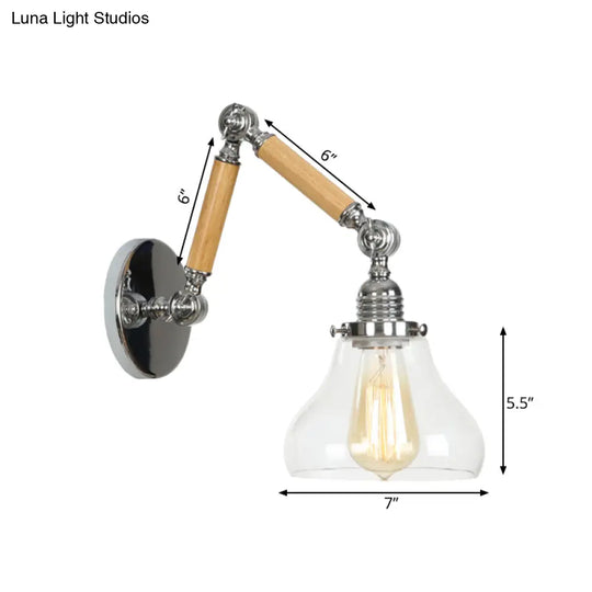 Industrial Gourd Glass Wall Sconce With Wooden Arm And Chrome Finish - 1 Light Fixture For Living