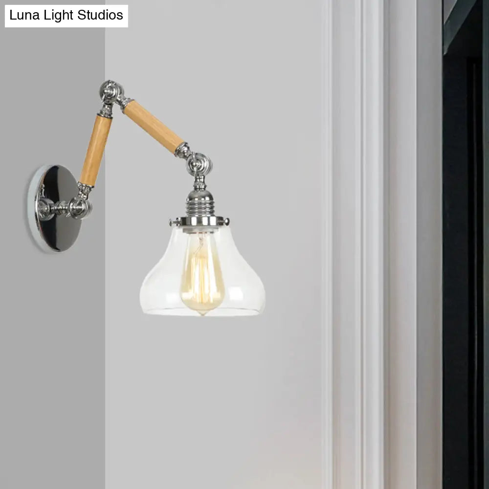 Industrial Gourd Glass Wall Sconce With Wooden Arm And Chrome Finish - 1 Light Fixture For Living