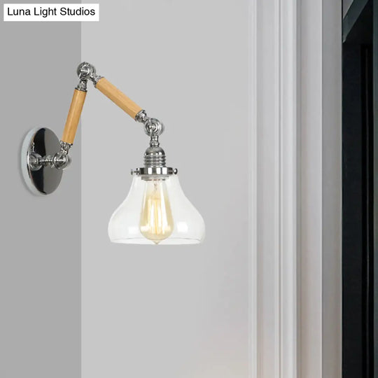 Industrial Gourd Glass Wall Sconce With Wooden Arm And Chrome Finish - 1 Light Fixture For Living