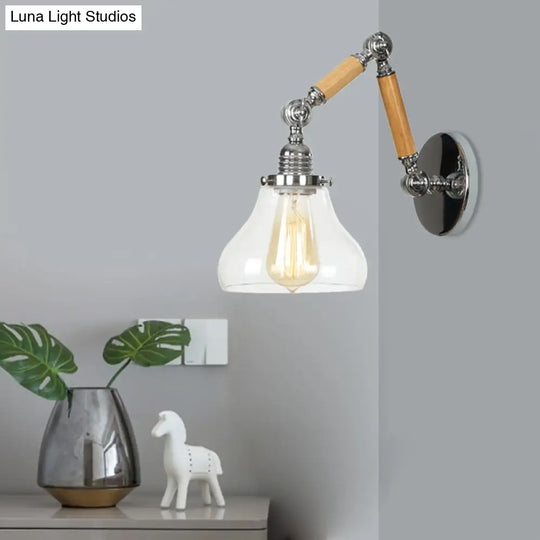 Industrial Gourd Glass Wall Sconce With Wooden Arm And Chrome Finish - 1 Light Fixture For Living