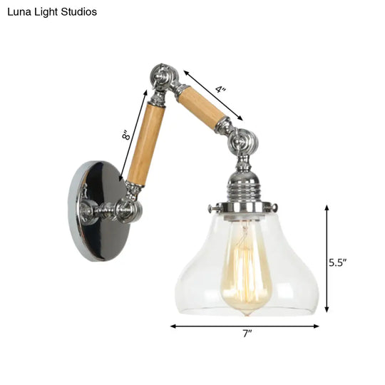 Industrial Gourd Glass Wall Sconce With Wooden Arm And Chrome Finish - 1 Light Fixture For Living