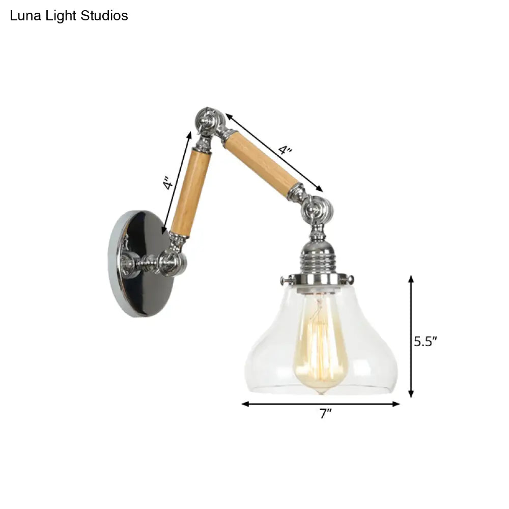 Industrial Gourd Glass Wall Sconce With Wooden Arm And Chrome Finish - 1 Light Fixture For Living