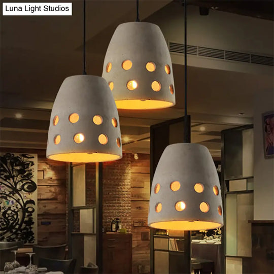 Industrial Gray Bucket Pendant Light With Hollow Out Design For Dining Table - 1 Head Hanging Lamp