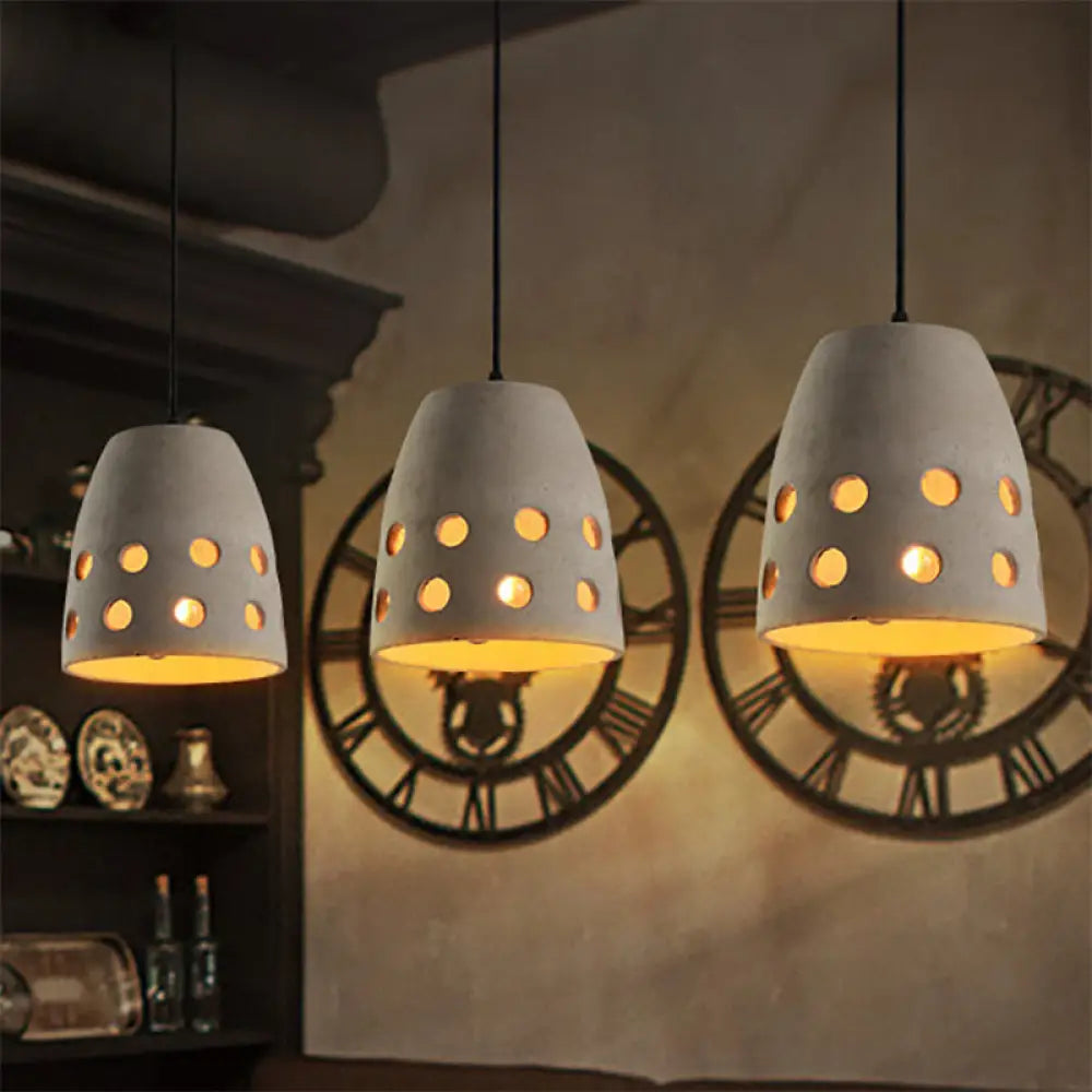 Industrial Gray Bucket Pendant Light With Hollow Out Design For Dining Table - 1 Head Hanging Lamp