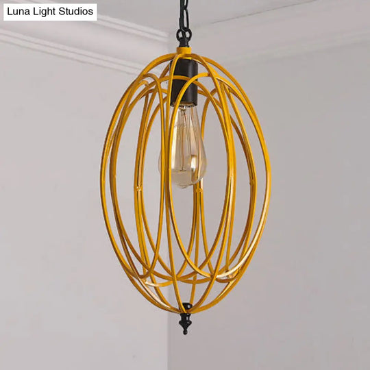 Industrial Gray/Red Oval Cage Hanging Pendant Light With Adjustable Chain - 1 Bulb Ideal For