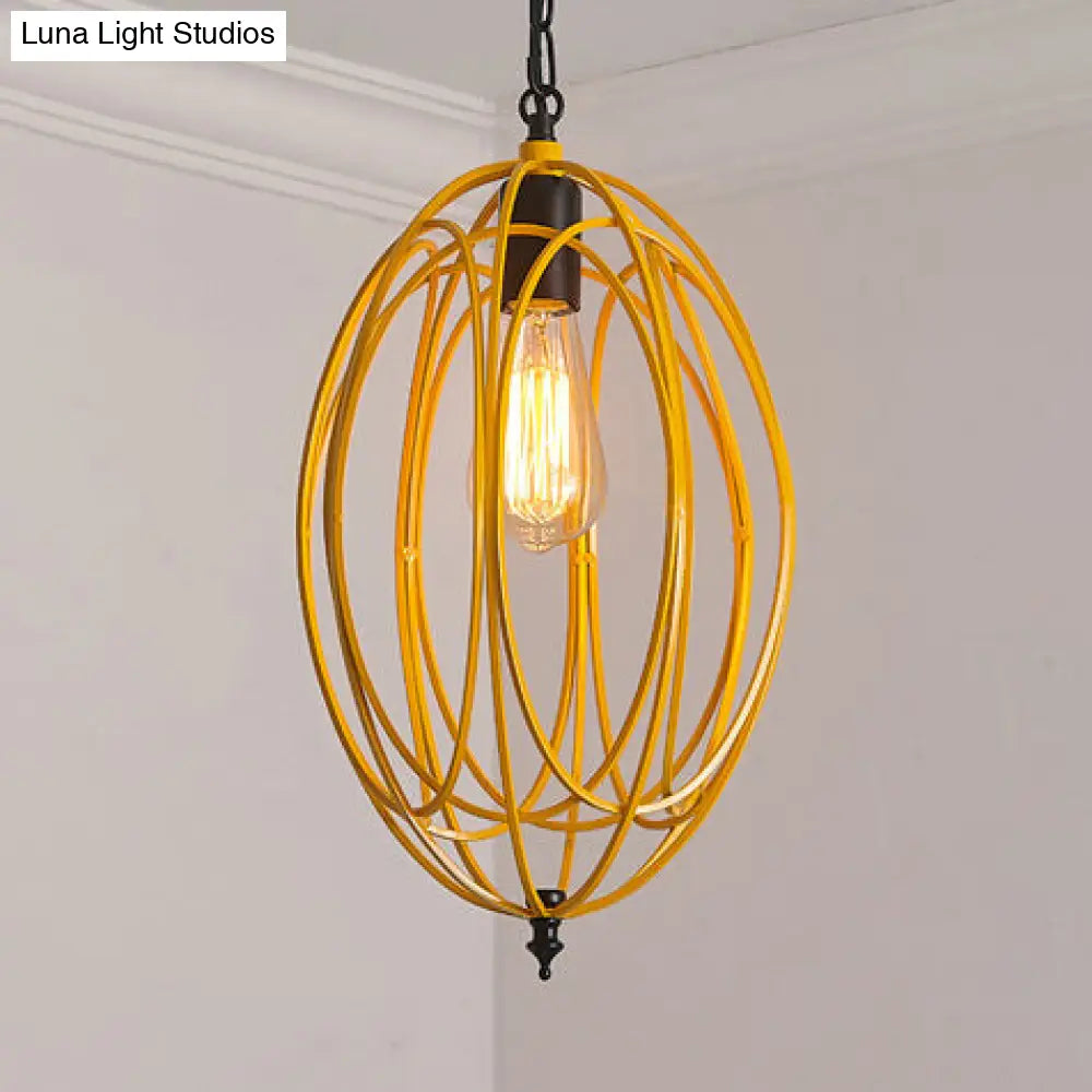 Industrial Gray/Red Oval Cage Hanging Ceiling Light Pendant Lamp With Adjustable Chain - Metallic