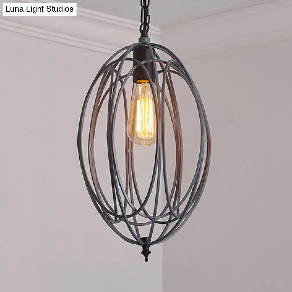 Industrial Gray/Red Oval Cage Hanging Ceiling Light Pendant Lamp With Adjustable Chain - Metallic
