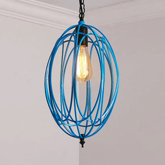 Industrial Gray/Red Oval Cage Hanging Pendant Light With Adjustable Chain - 1 Bulb Ideal For