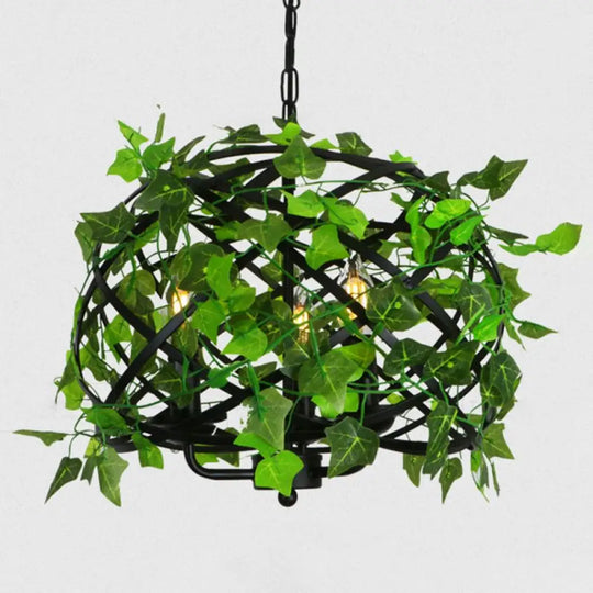 Industrial Green Iron Ceiling Chandelier With 3-Lights Fake Plant And Cage - Restaurant Pendant