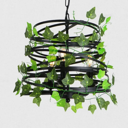 Industrial Green Iron Ceiling Chandelier With 3-Lights Fake Plant And Cage - Restaurant Pendant