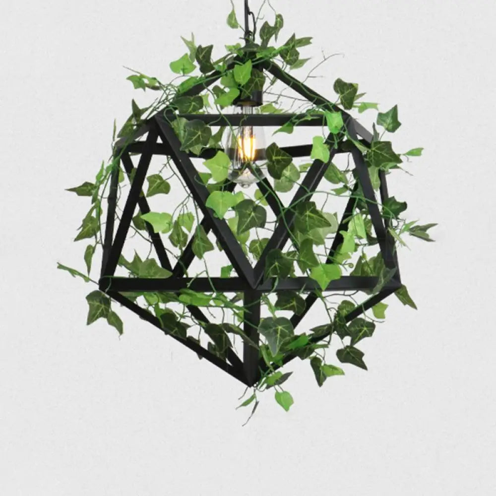 Industrial Green Iron Ceiling Chandelier With 3-Lights Fake Plant And Cage - Restaurant Pendant