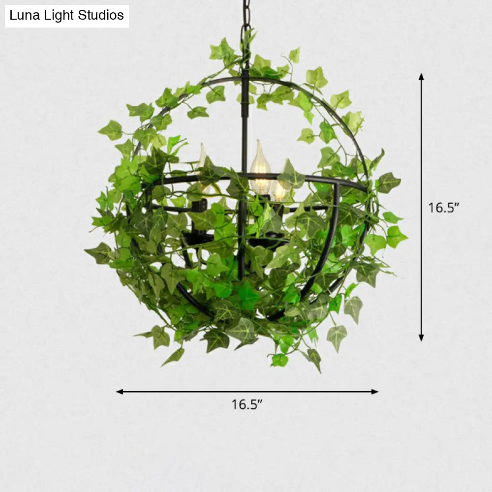 Industrial Green Iron Ceiling Chandelier With 3-Lights Fake Plant And Cage - Restaurant Pendant Lamp