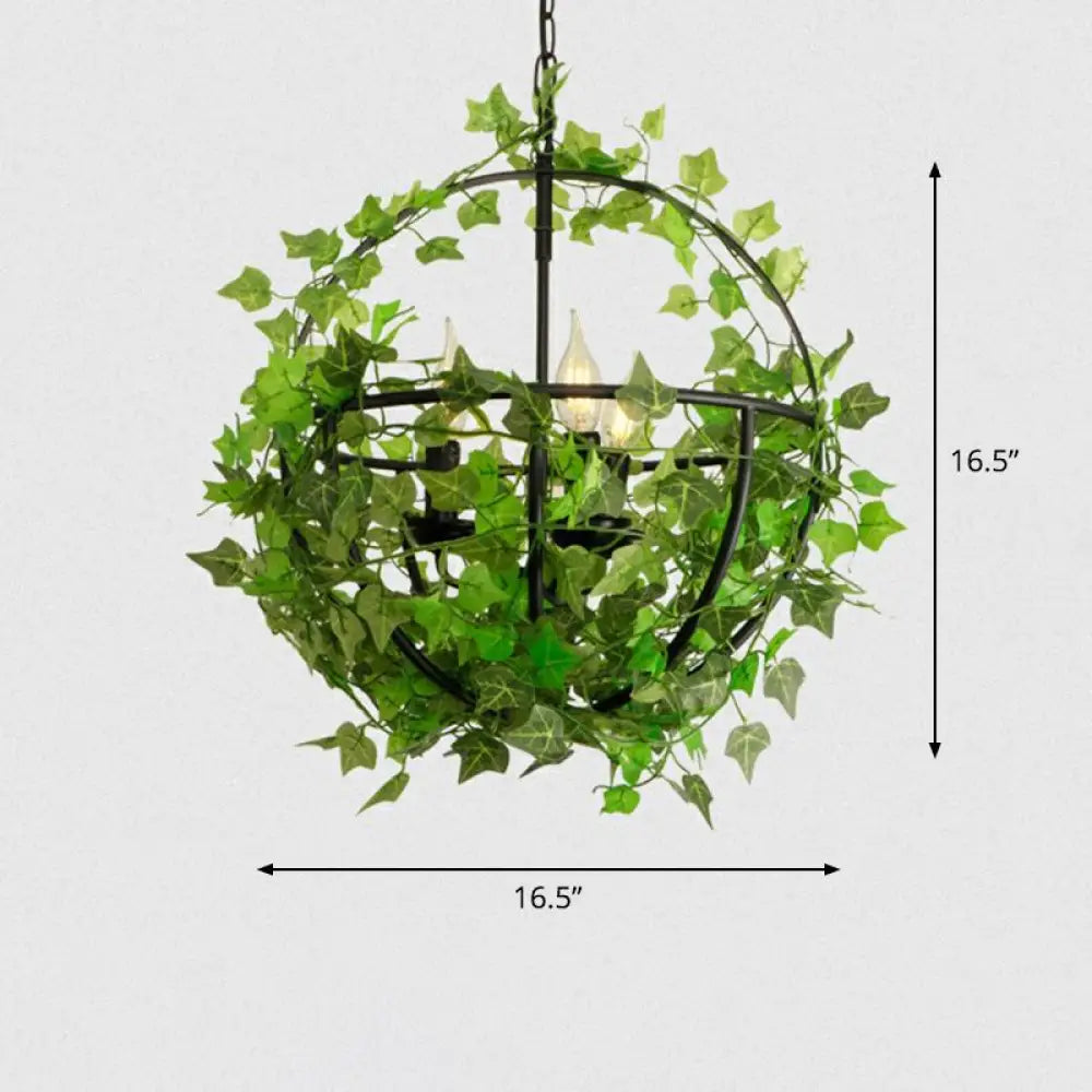 Industrial Green Iron Ceiling Chandelier With 3-Lights Fake Plant And Cage - Restaurant Pendant