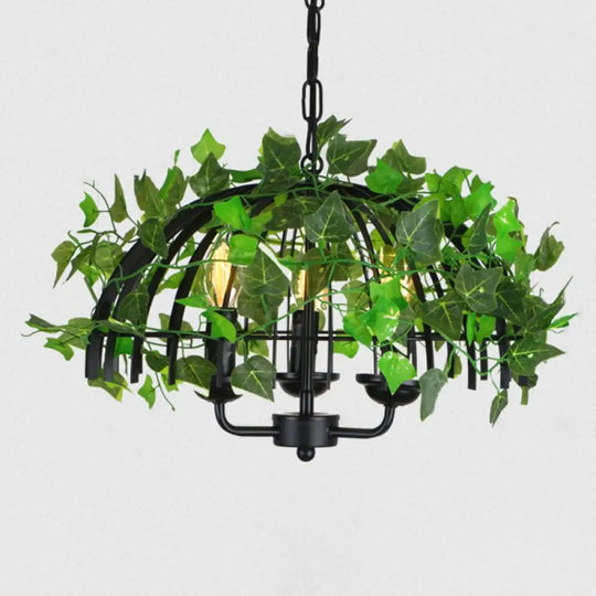 Industrial Green Iron Ceiling Chandelier With 3-Lights Fake Plant And Cage - Restaurant Pendant