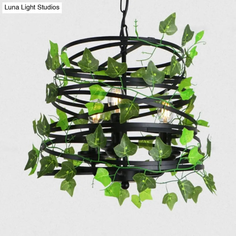 Iron Industrial Chandelier With Greenery And Cage - 3 Light Pendant For Restaurants Green / 13