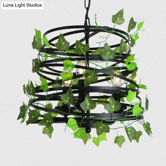 Iron Industrial Chandelier With Greenery And Cage - 3 Light Pendant For Restaurants Green / 13