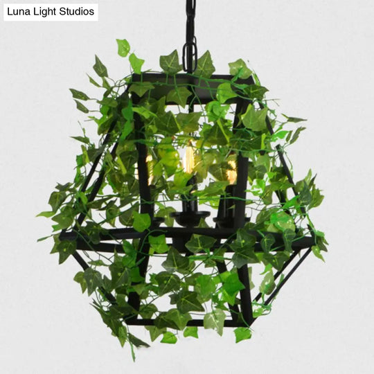 Iron Industrial Chandelier With Greenery And Cage - 3 Light Pendant For Restaurants Green / 18