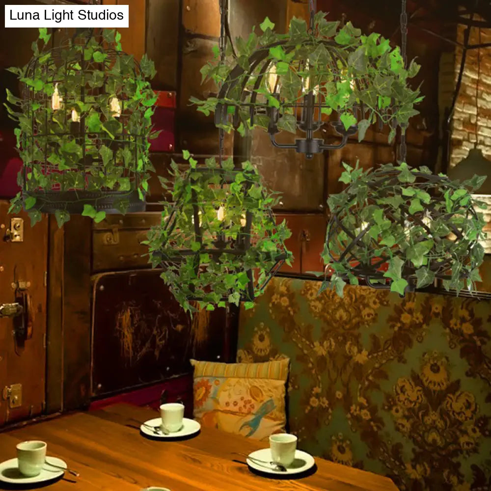 Industrial Green Iron Ceiling Chandelier With 3-Lights Fake Plant And Cage - Restaurant Pendant Lamp