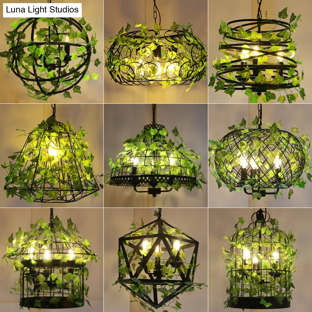 Industrial Green Iron Ceiling Chandelier With 3-Lights Fake Plant And Cage - Restaurant Pendant Lamp