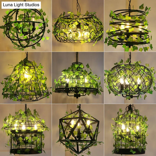 Iron Industrial Chandelier With Greenery And Cage - 3 Light Pendant For Restaurants