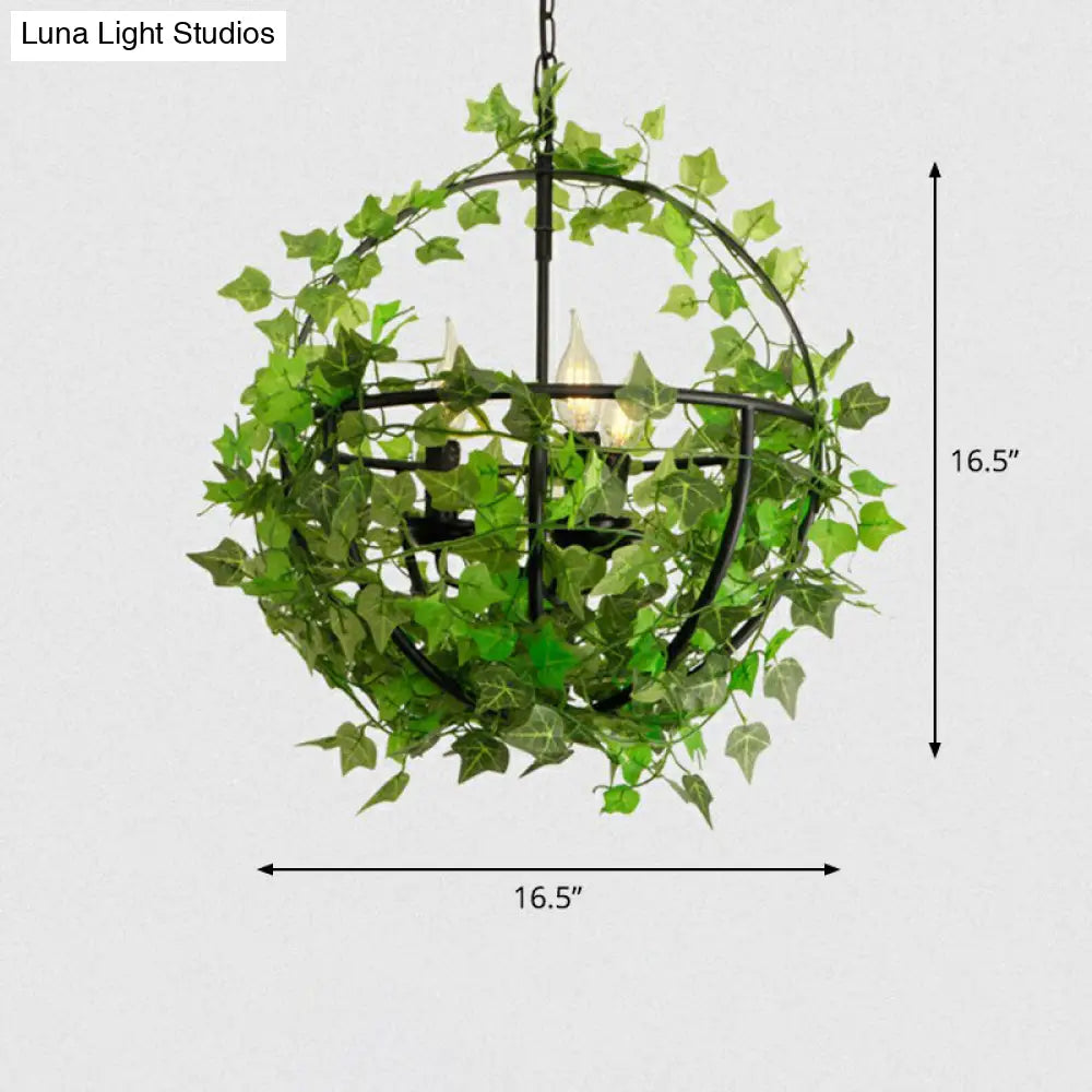 Iron Industrial Chandelier With Greenery And Cage - 3 Light Pendant For Restaurants