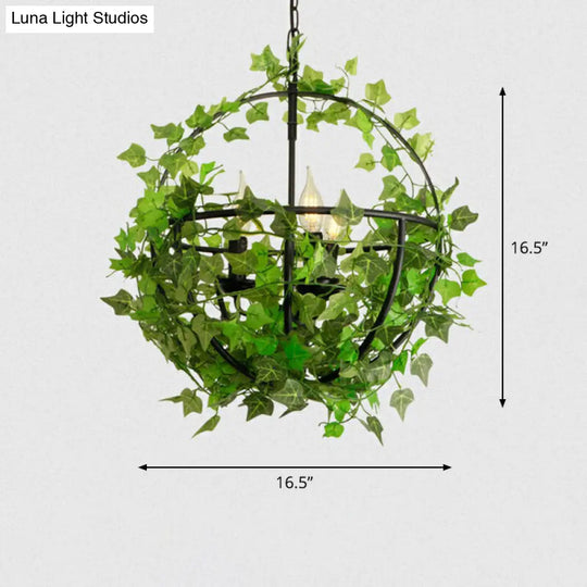 Iron Industrial Chandelier With Greenery And Cage - 3 Light Pendant For Restaurants