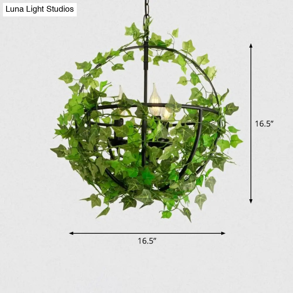 Iron Industrial Chandelier With Greenery And Cage - 3 Light Pendant For Restaurants Green / 16.5