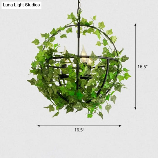 Iron Industrial Chandelier With Greenery And Cage - 3 Light Pendant For Restaurants Green / 16.5