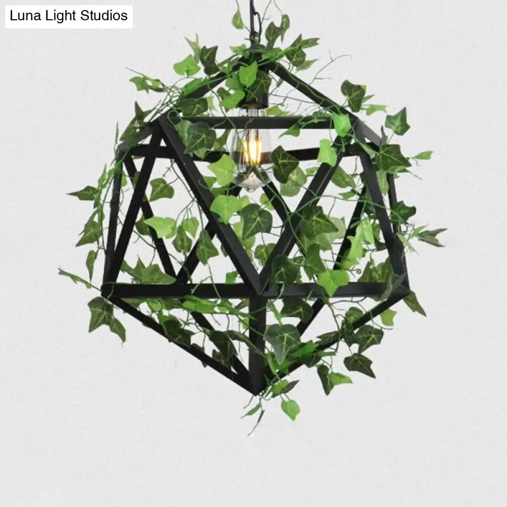 Iron Industrial Chandelier With Greenery And Cage - 3 Light Pendant For Restaurants Green / 14