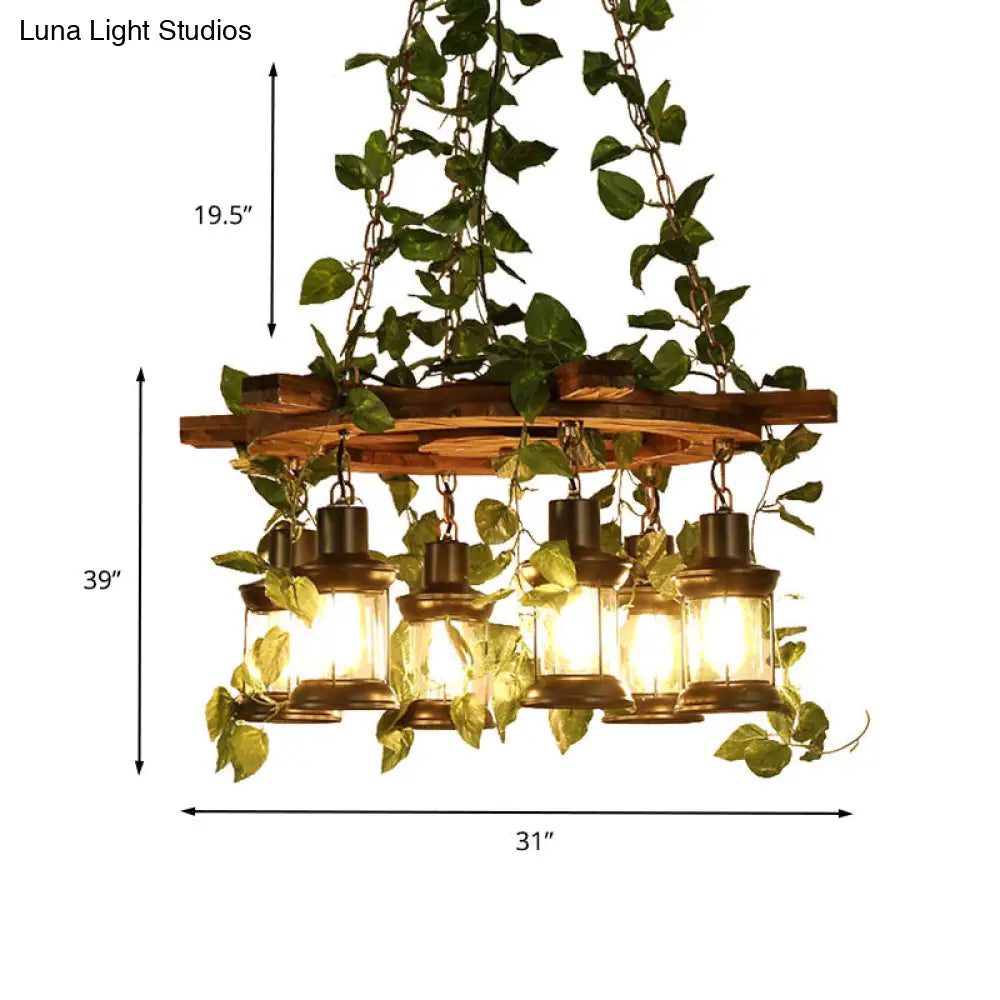 Industrial Green Lantern Wooden Chandelier - Led Restaurant Ceiling Light (3/6/8 Heads)