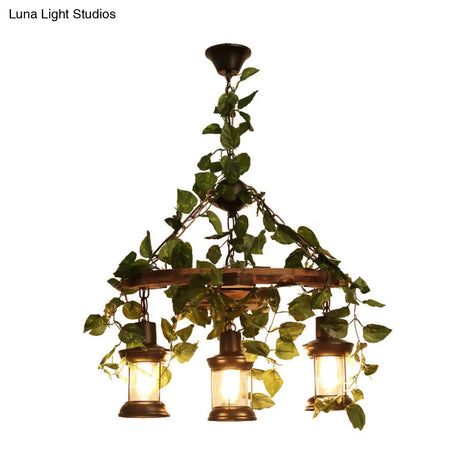 Industrial Green Lantern Wooden Chandelier - Led Restaurant Ceiling Light (3/6/8 Heads)