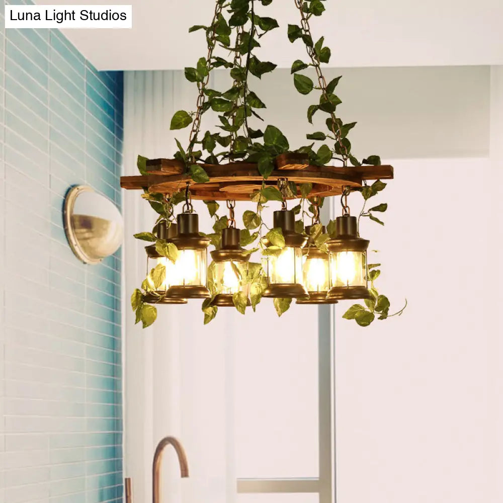 Industrial Green Lantern Wooden Chandelier - Led Restaurant Ceiling Light (3/6/8 Heads)