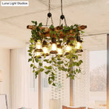Industrial Green Lantern Wooden Chandelier - Led Restaurant Ceiling Light (3/6/8 Heads)