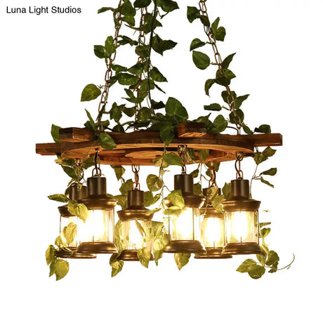 Industrial Green Lantern Wooden Chandelier - Led Restaurant Ceiling Light (3/6/8 Heads)