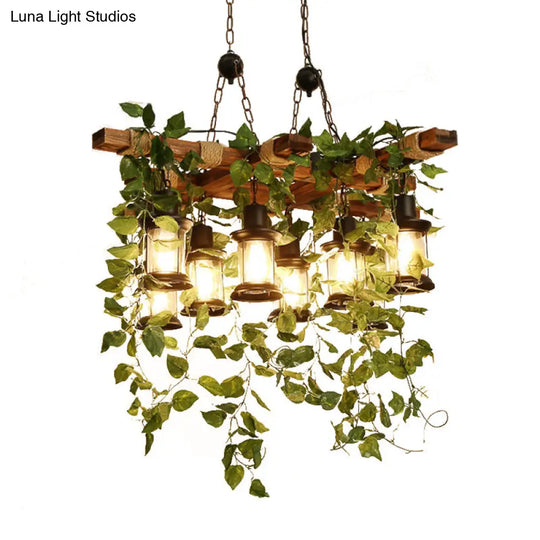 Industrial Green Lantern Wooden Chandelier - Led Restaurant Ceiling Light (3/6/8 Heads)