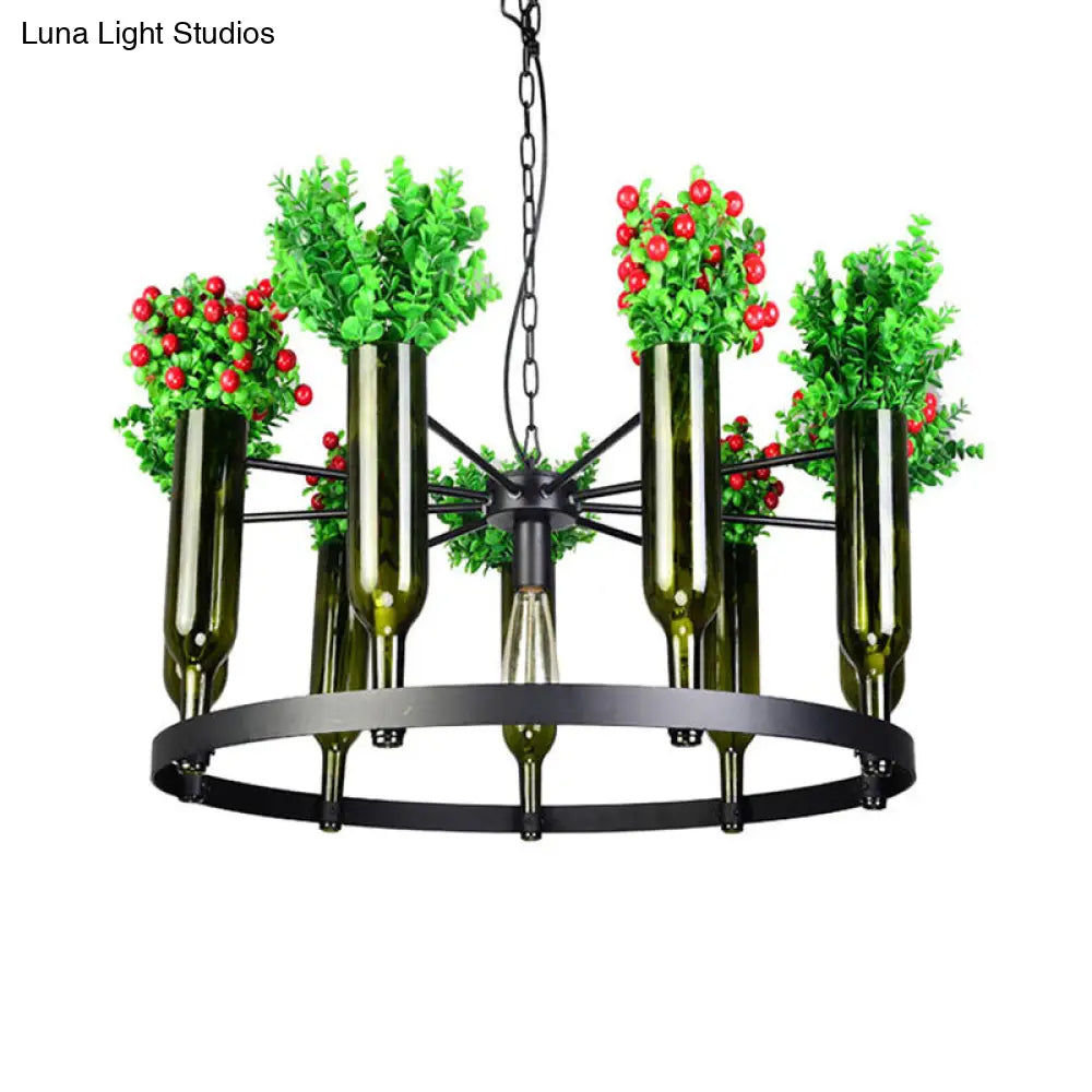 Industrial Green Metal Chandelier With Plant Accents - 7/10 Heads