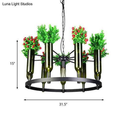 Industrial Green Metal Chandelier With Plant Accents - 7/10 Heads