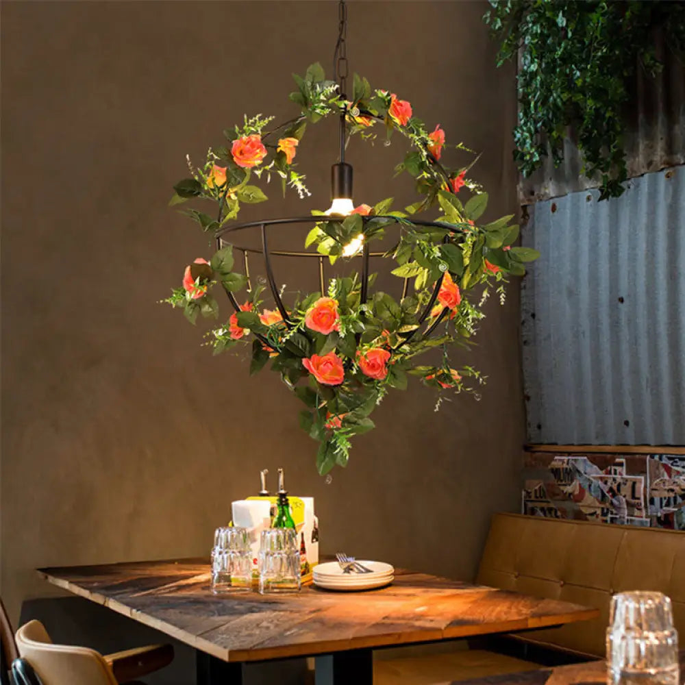 Industrial Green Metal Pendant Light Fixture - Led Hanging Lamp Kit With Globe Design & Flower