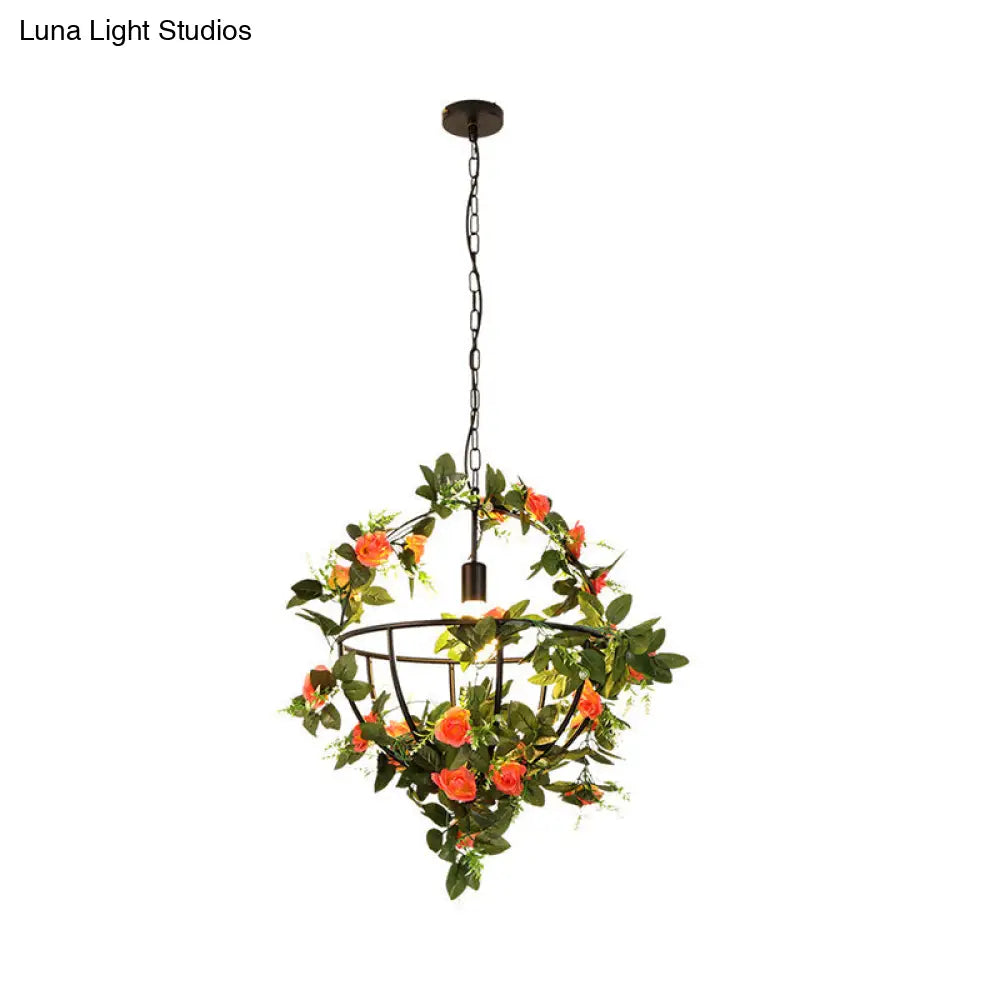 Industrial Green Metal Pendant Light Fixture - Led Hanging Lamp Kit With Globe Design & Flower