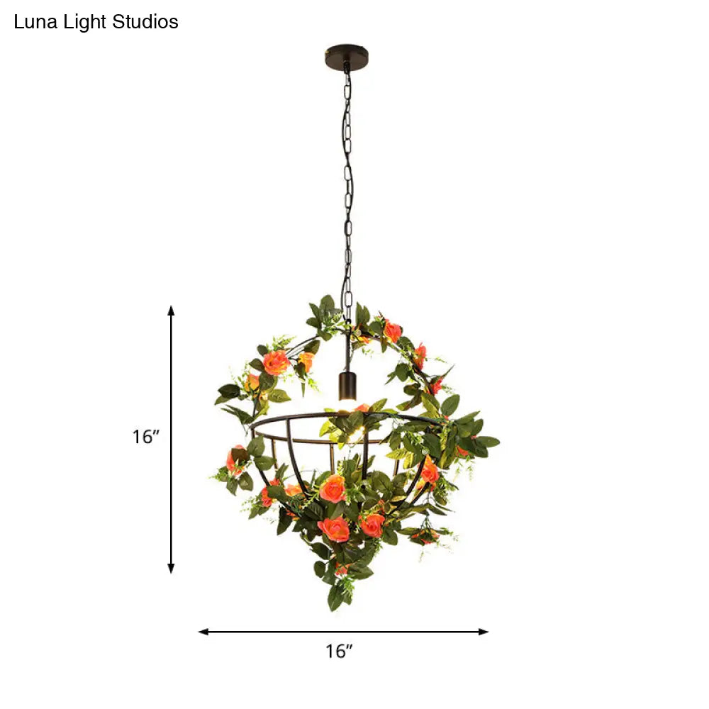 Industrial Green Metal Pendant Light Fixture - Led Hanging Lamp Kit With Globe Design & Flower