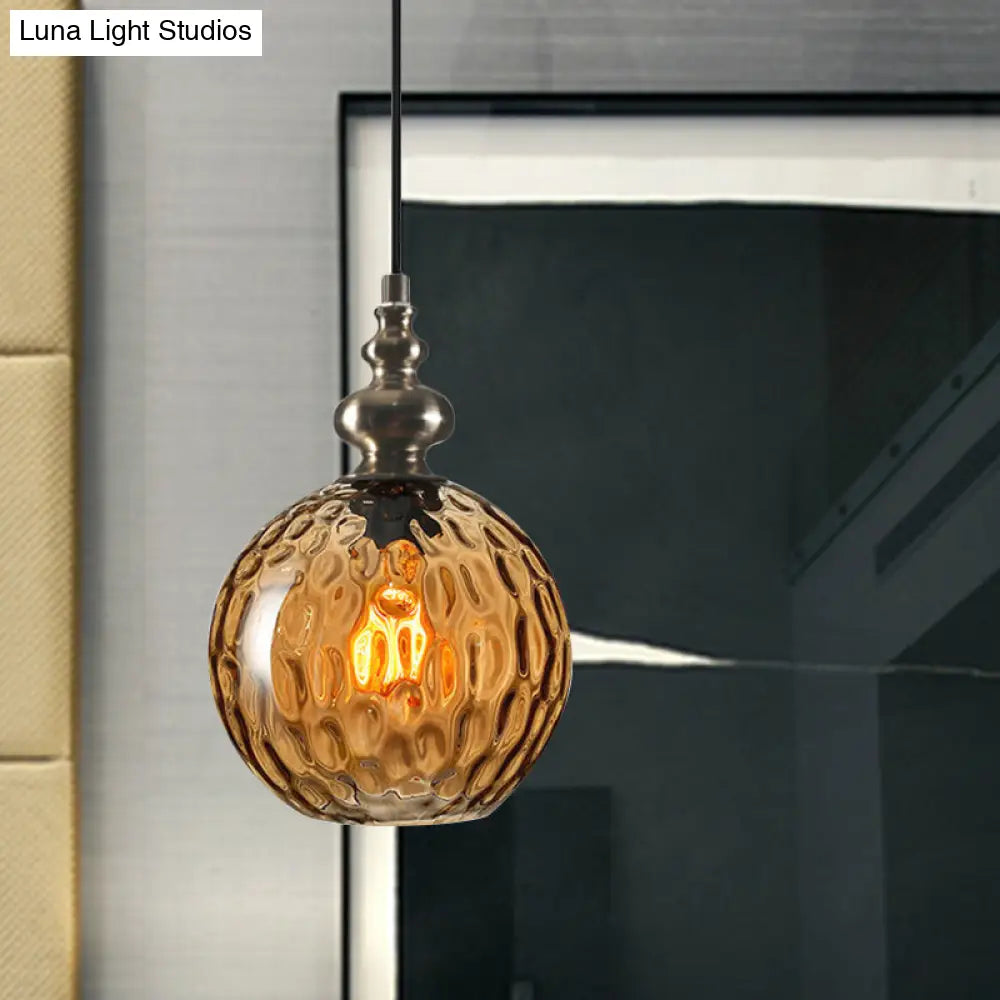 Industrial Grey Round Pendant Light With Dimpled Glass - Single Bulb Hanging Ceiling Fixture Amber