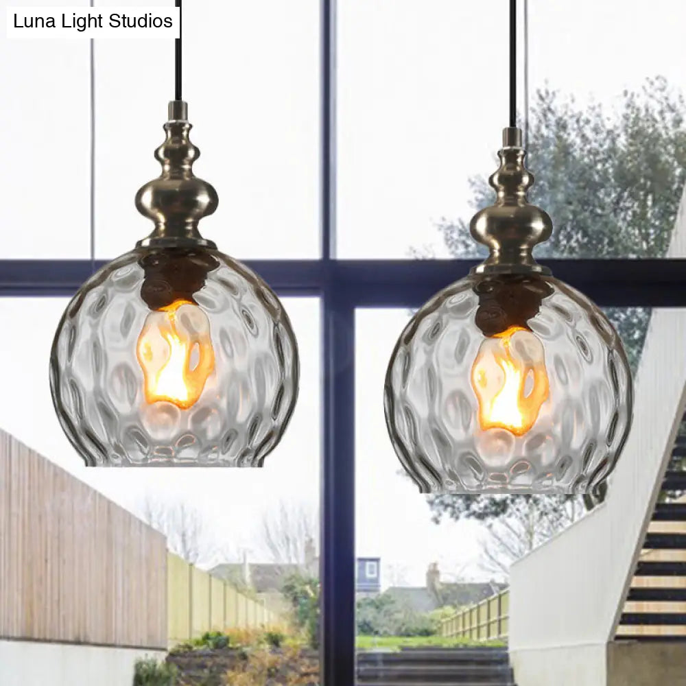 Industrial Grey Round Pendant Light With Dimpled Glass - Single Bulb Hanging Ceiling Fixture Clear