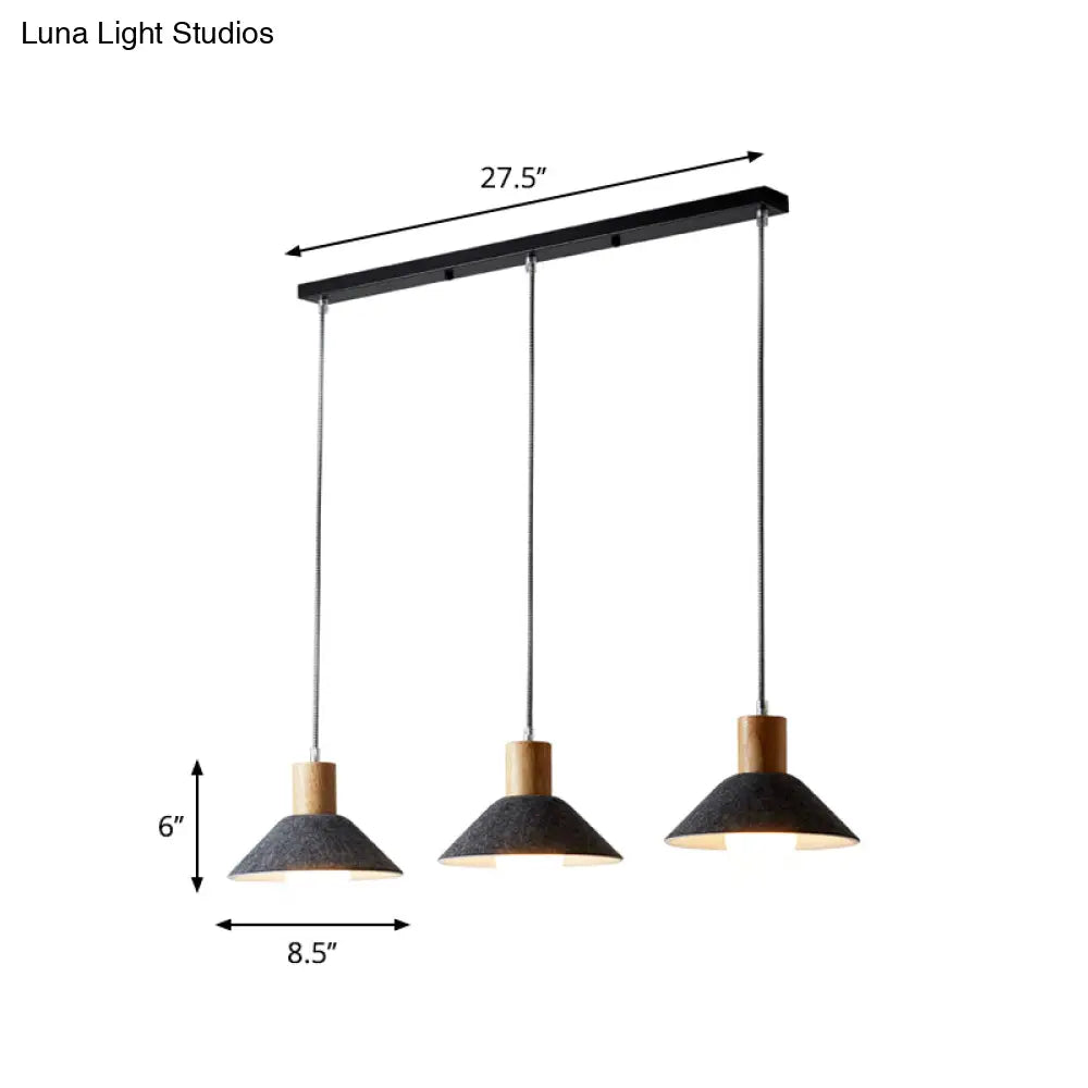 Industrial Grey Pendant Light With Wooden Cap - 3 Conical Lights For Dining Room