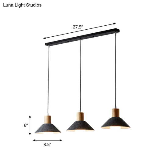 Industrial Grey Pendant Light With Wooden Cap - 3 Conical Lights For Dining Room