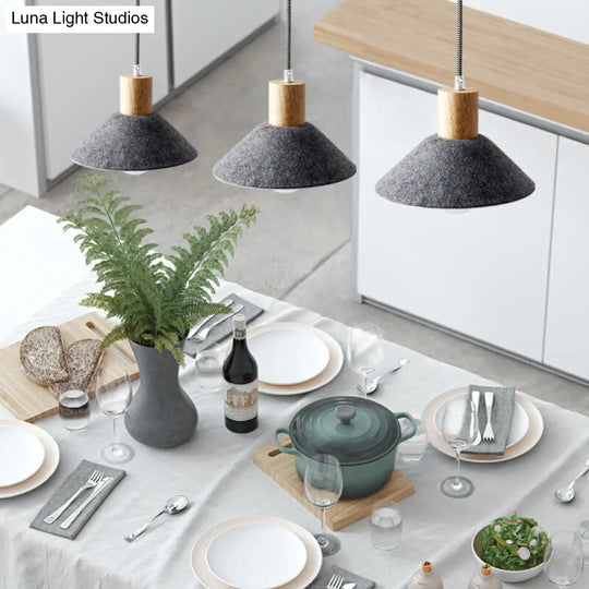 Industrial Grey Pendant Lighting With Conical Shape - 3 Lights Wooden Cap Perfect For Dining Room