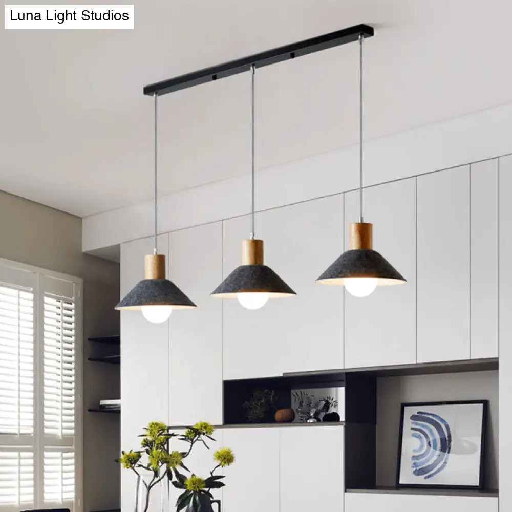 Industrial Grey Pendant Light With Wooden Cap - 3 Conical Lights For Dining Room